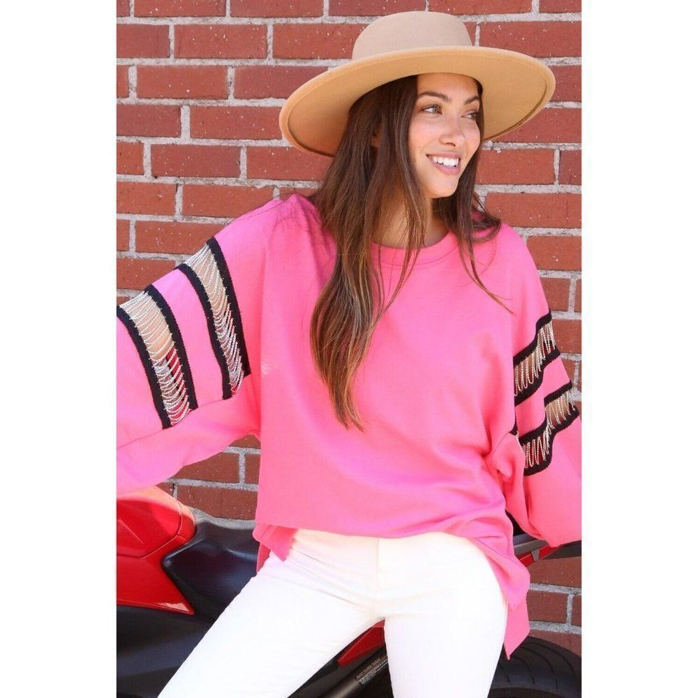 Fantastic Fawn Fuchsia Long Sleeve Loose Fit Top Sleeve Chain Trim IFKT51943-01